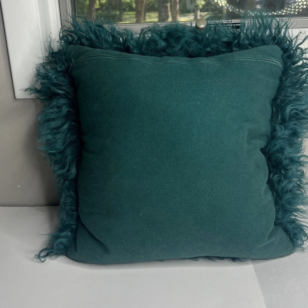 CB2 16 x 16 Mongolian Sheepskin Pillow with Feather Pillow Insert Teal Green